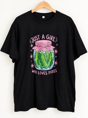 Just a Girl Who Loves Pickles Black Graphic T-Shirt Pickle Lover Tee Size 2XL